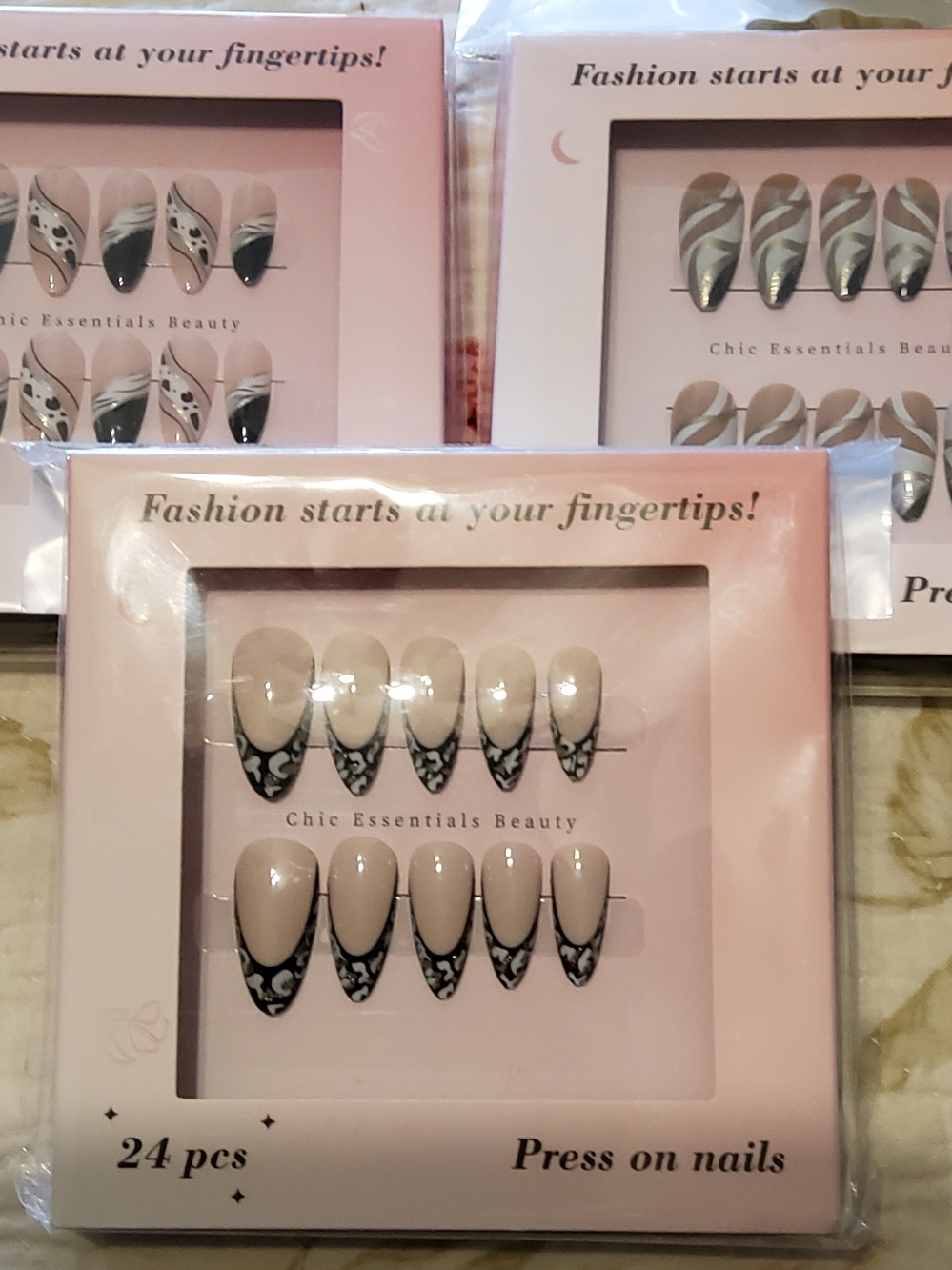 Nude & Black Lace Tip Press-On Nails - 24 pcs